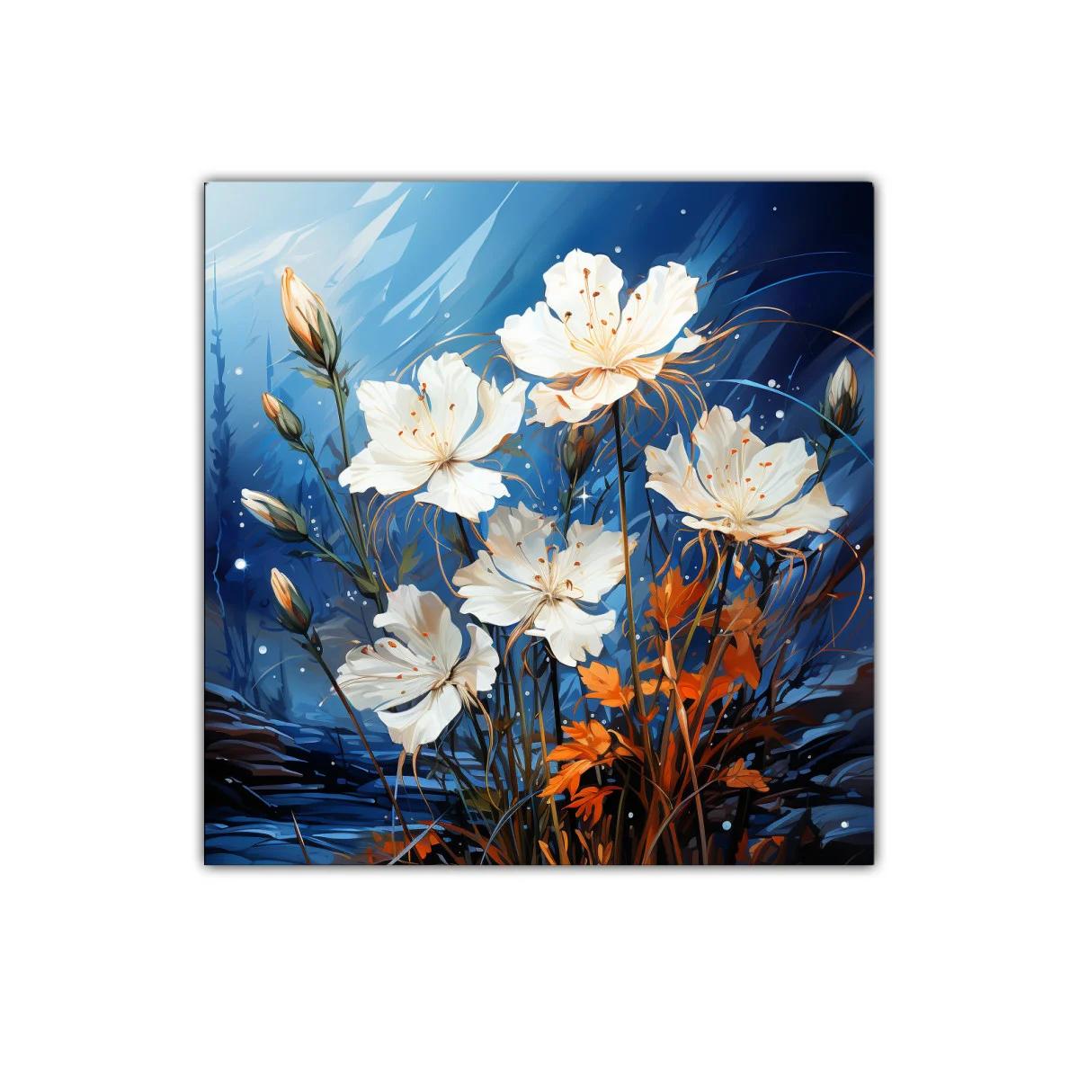 Flores blancas delicadas entre tonos azules y naranjas vibrantes — imagen principal