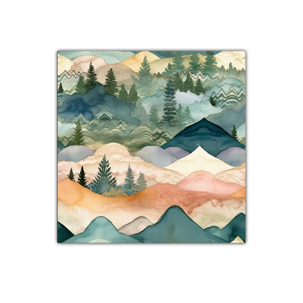Paisaje abstracto de montañas y pinos en tonos suaves — imagen principal