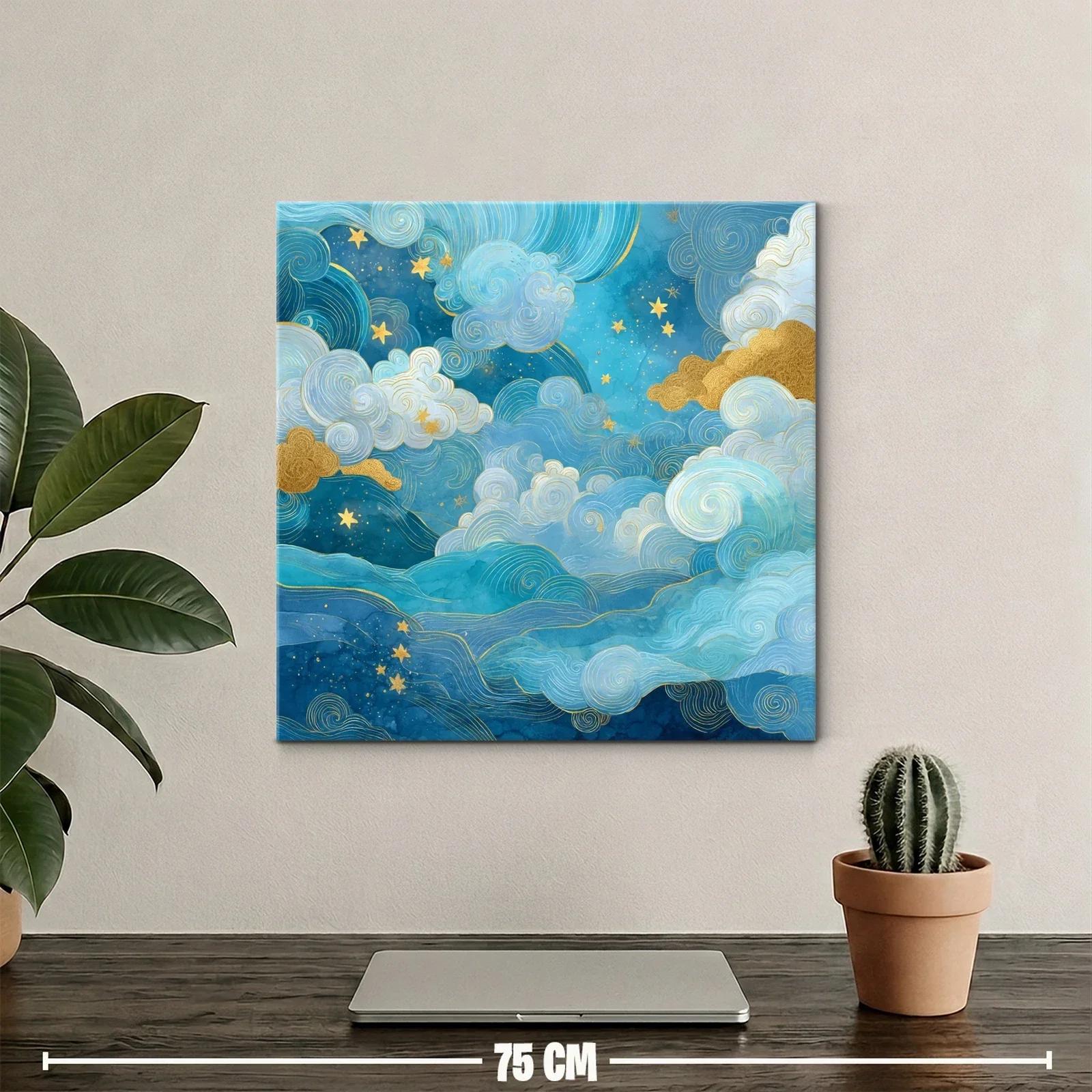 Cuadro abstracto de cielo estrellado con nubes doradas — miniatura 2