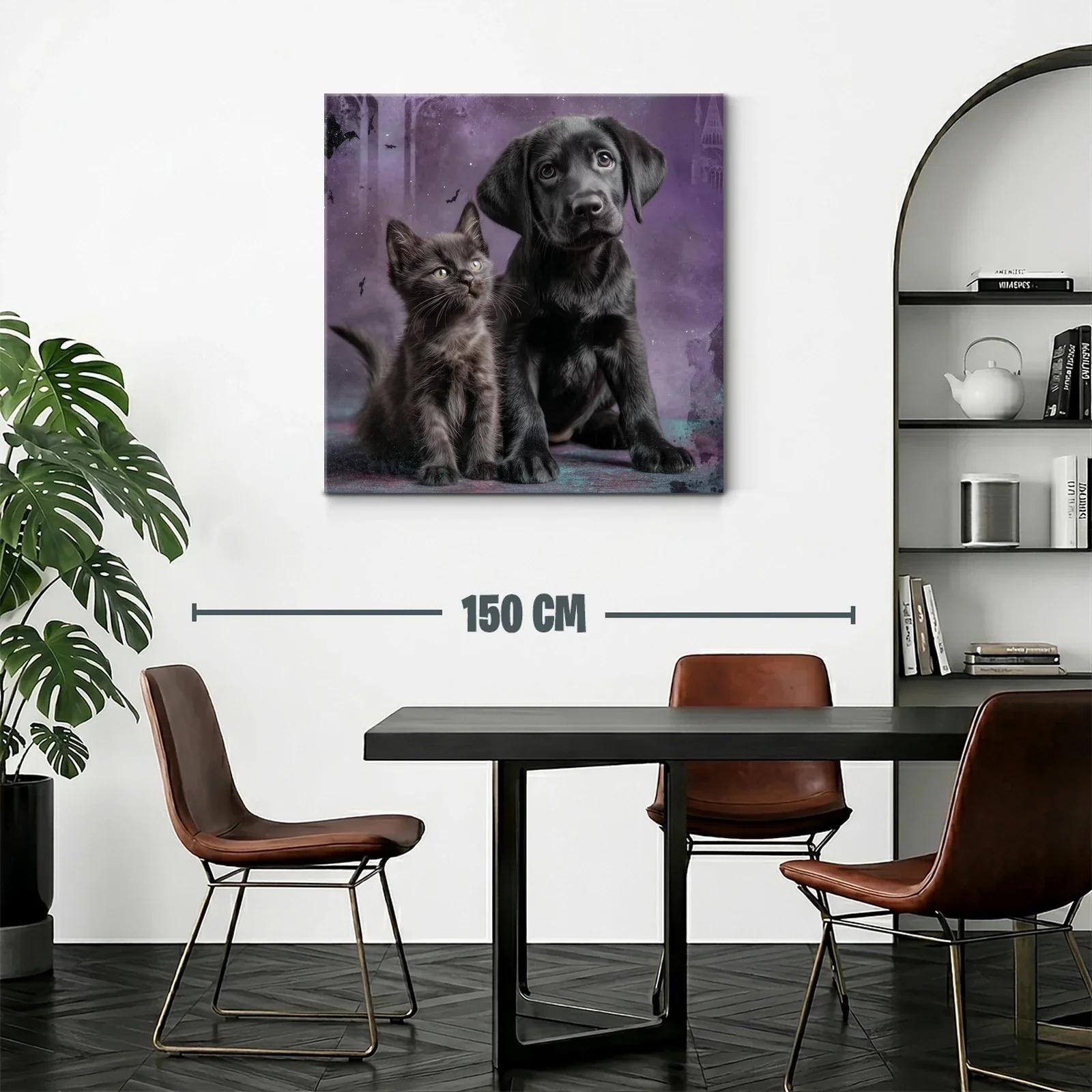 Tierno cuadro de cachorro y gatito sobre fondo violeta — miniatura 2