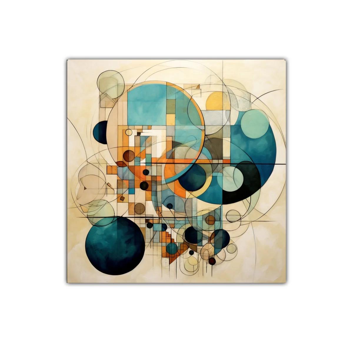 Cuadro abstracto de círculos geométricos en tonos azules y ocres — imagen principal