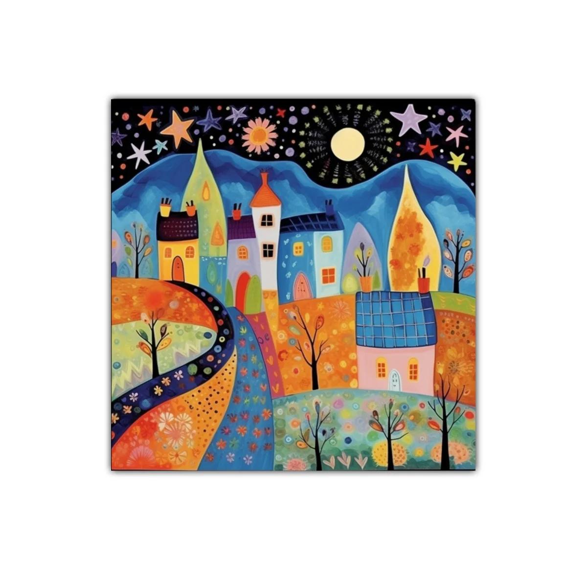 Paisaje nocturno colorido con casas y estrellas brillantes — miniatura 1