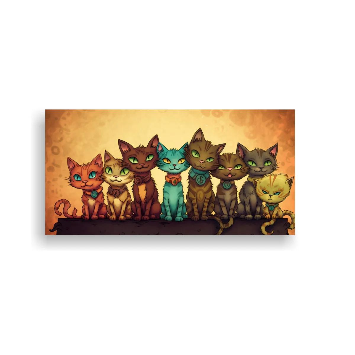 Cuadro fila de gatos coloridos con colas curvadas
