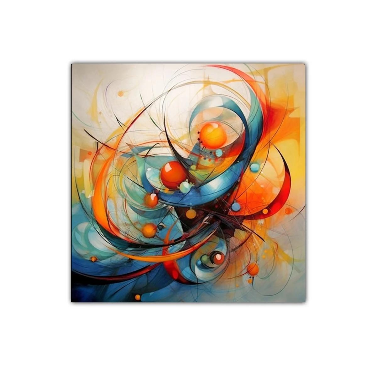 Cuadro abstracto con esferas y trazos dinámicos en colores cálidos