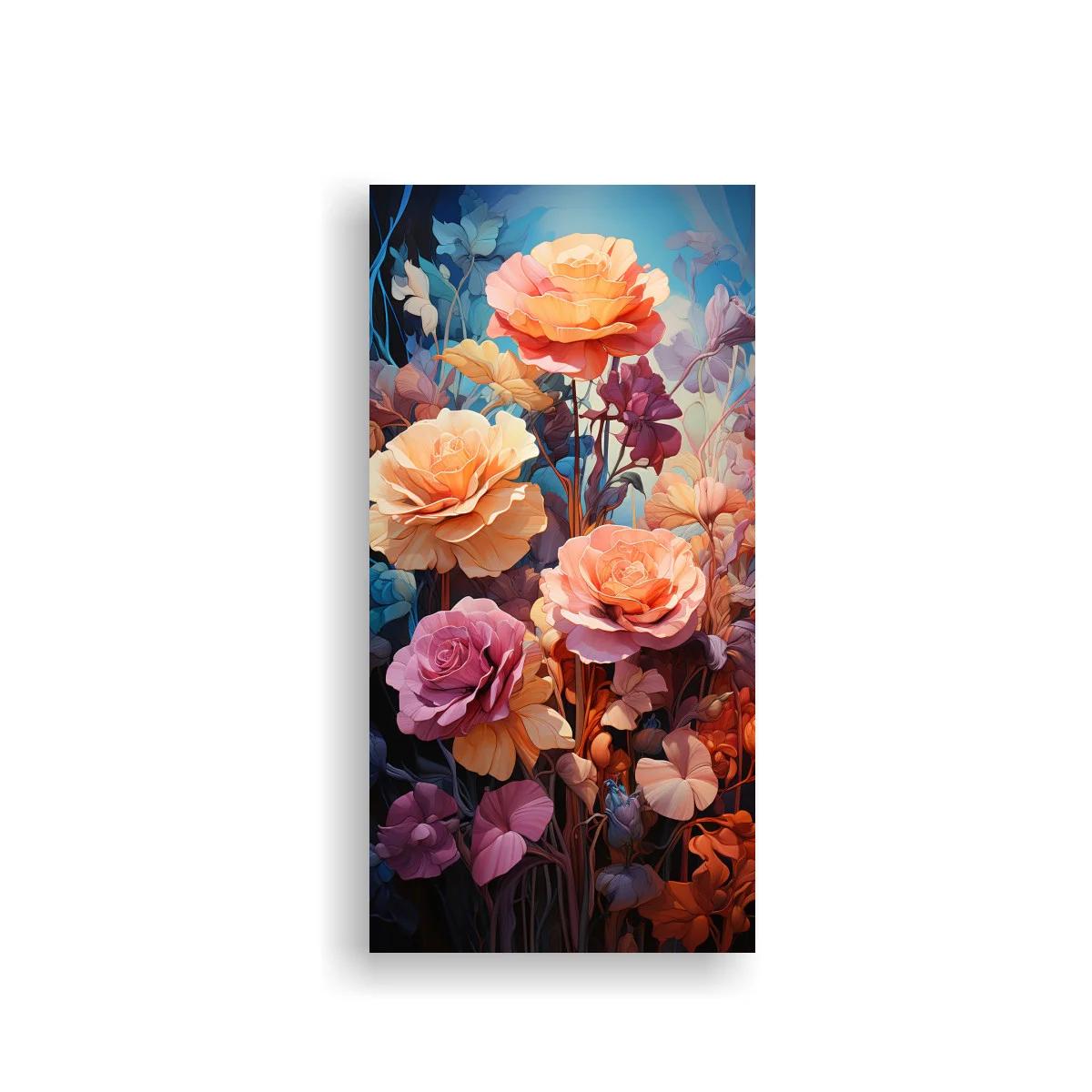 Cuadro de rosas melocotón y rosa con fondo azul brumoso