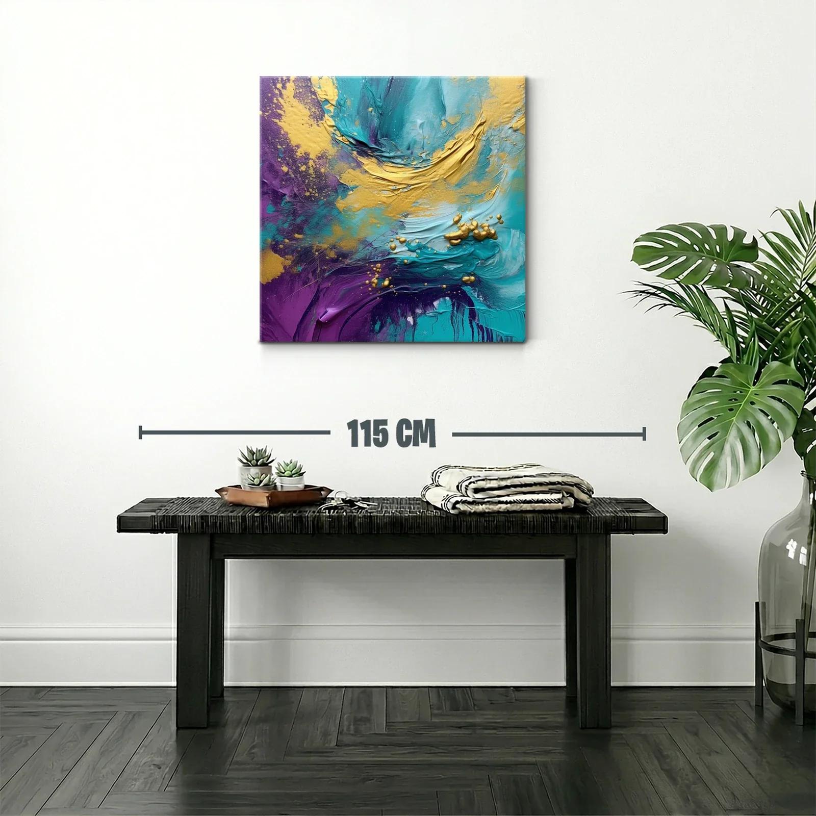 Cuadro abstracto vibrante en tonos turquesa y dorado — miniatura 2