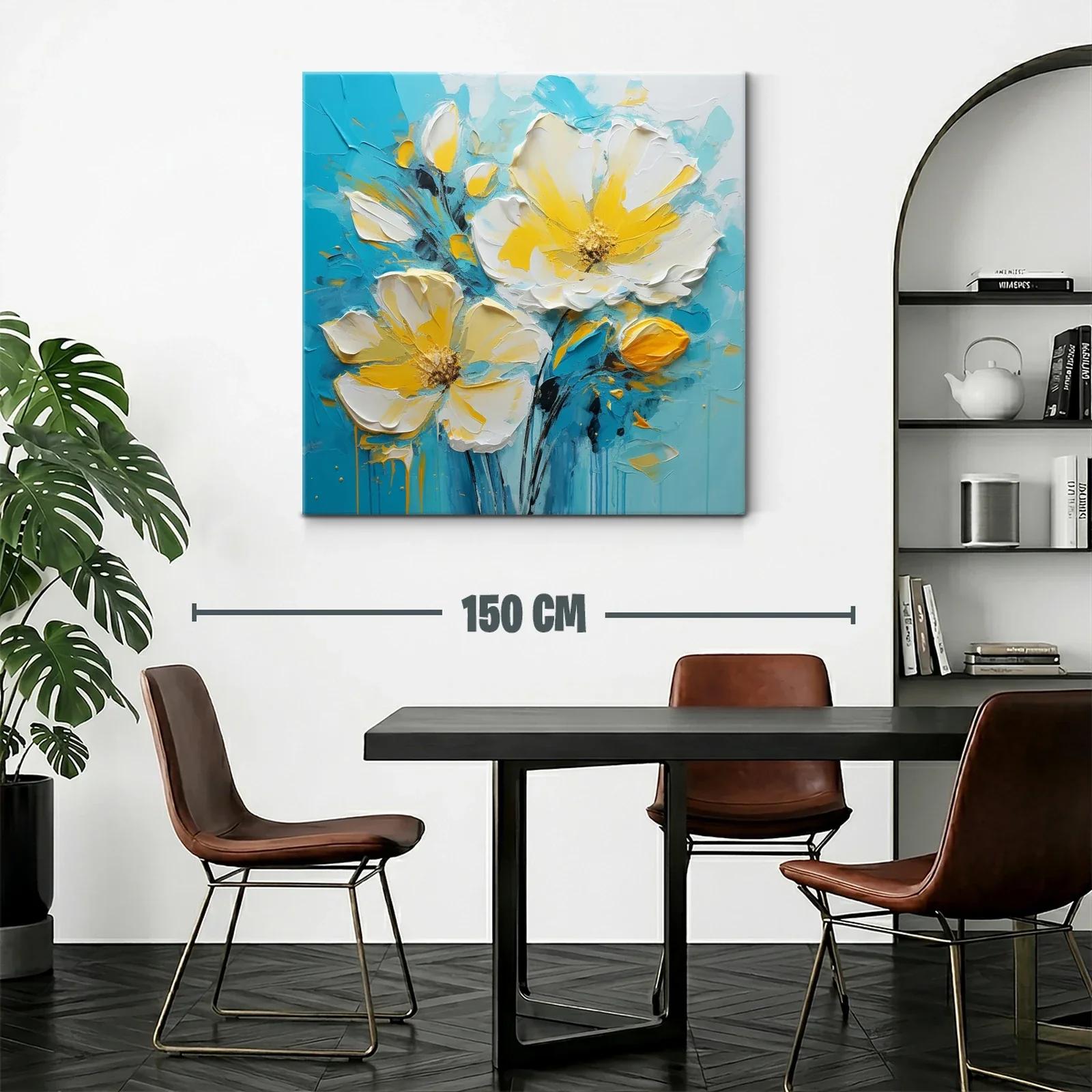 Cuadro floral en tonos amarillos y azul turquesa vibrante — miniatura 2