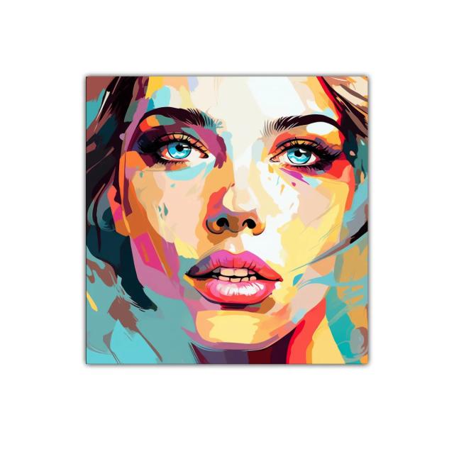 Retrato femenino vibrante con colores intensos y mirada intensa