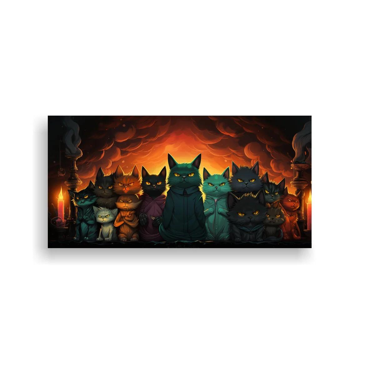 Cuadro grupo de gatos negros y azules con calaveras laterales