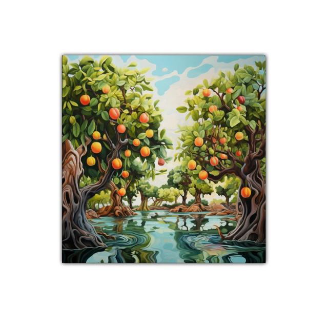 Cuadro de paisaje con árboles frutales y agua serena