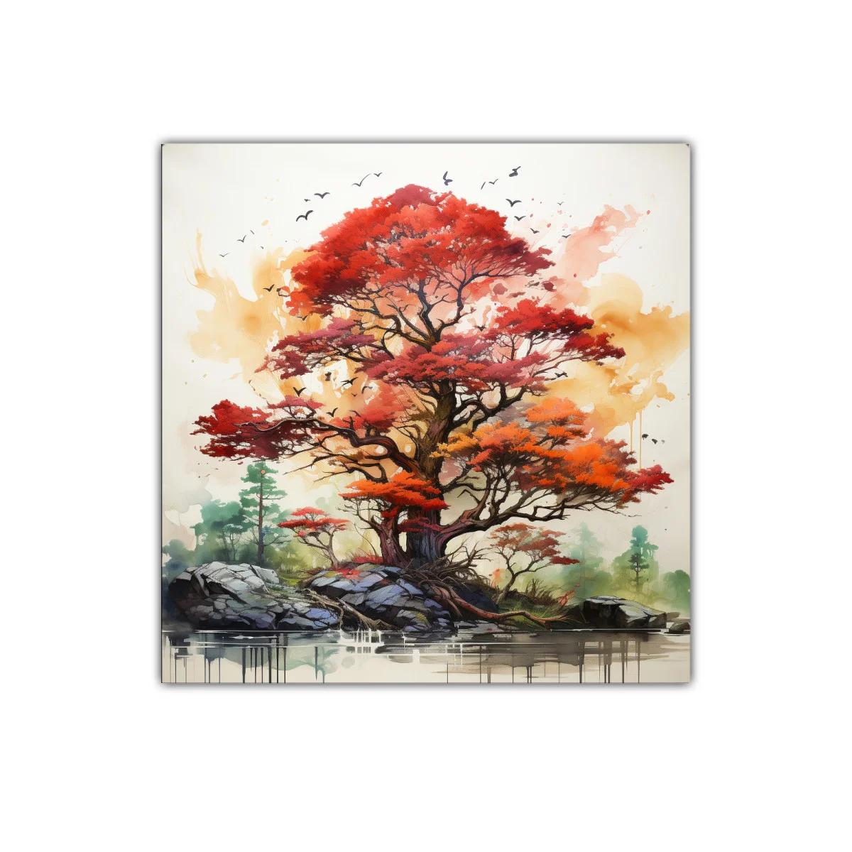 Árbol otoñal vibrante con paisajes naturales y aves — imagen principal