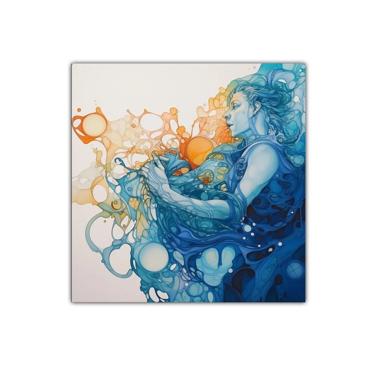 Figura femenina entre ondas fluidas en tonos azules y naranjas — imagen principal