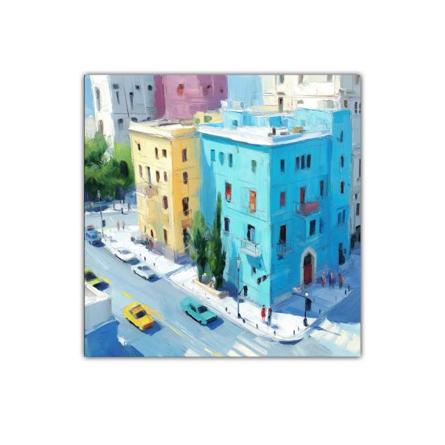 Cuadro urbano con edificios coloridos y tráfico en movimiento