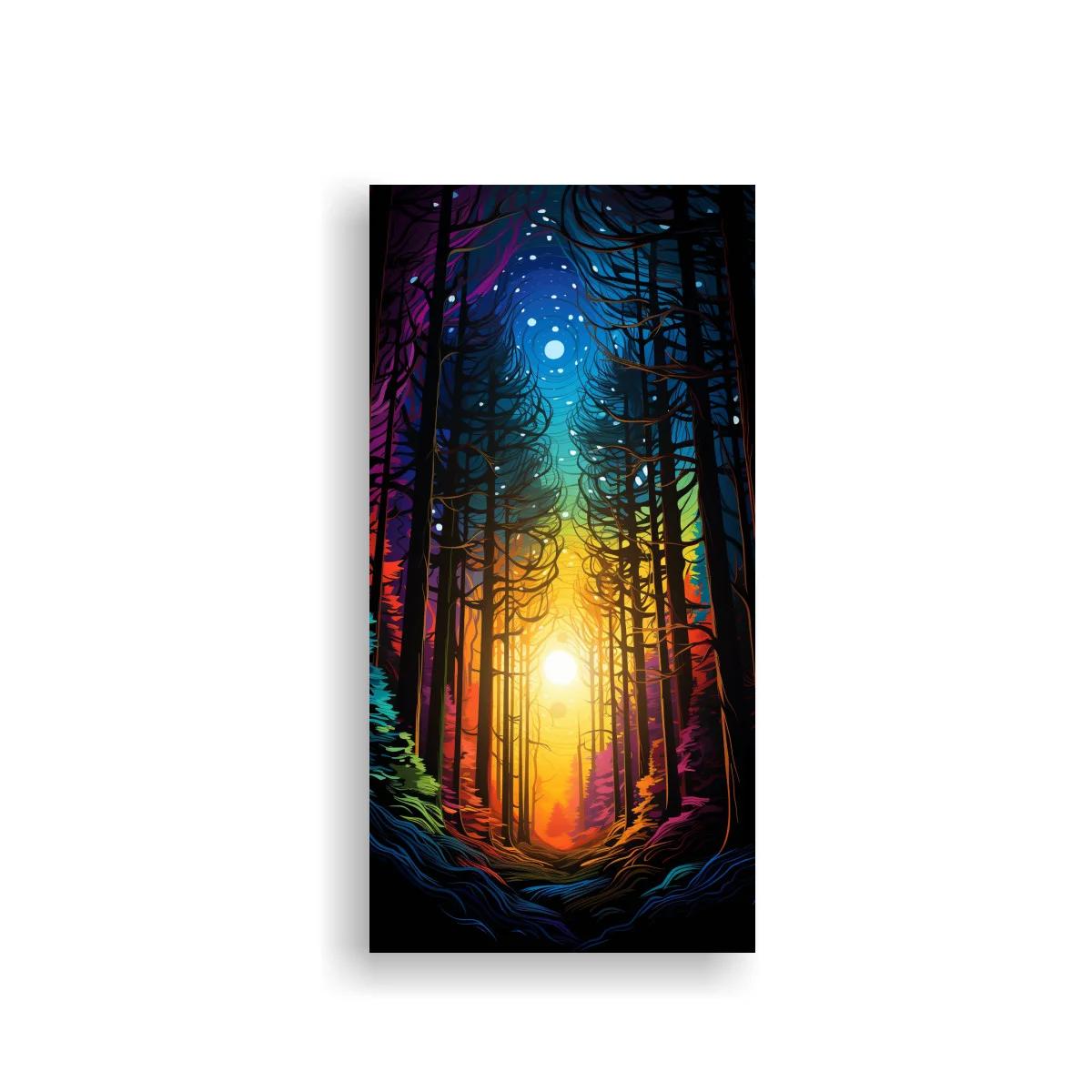 Cuadro bosque de pinos al atardecer con cielo estrellado