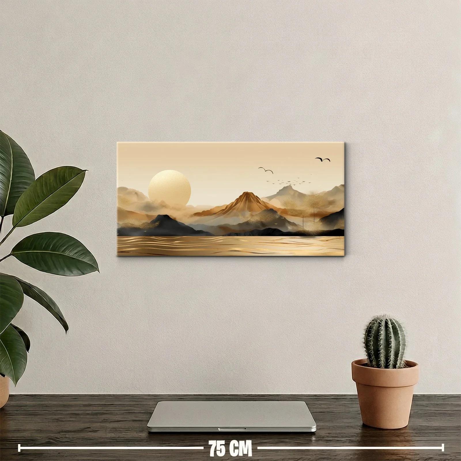 Cuadro paisaje de montañas con sol y agua reflejando la luz — miniatura 2