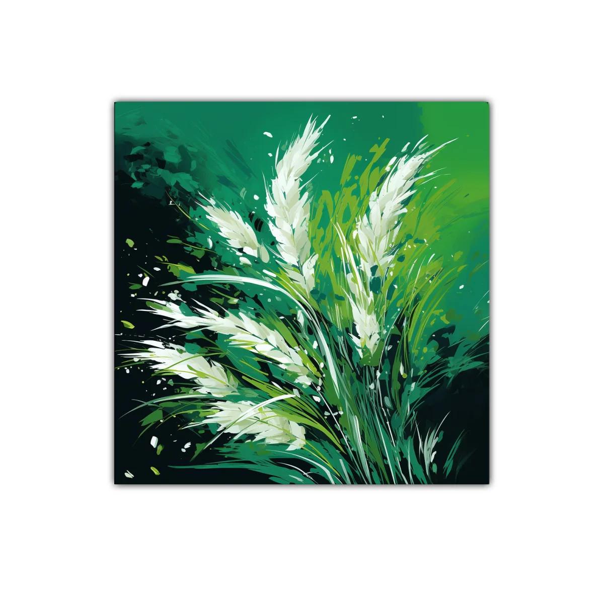 Cuadro decorativo de espigas blancas en tonos verdes vibrantes