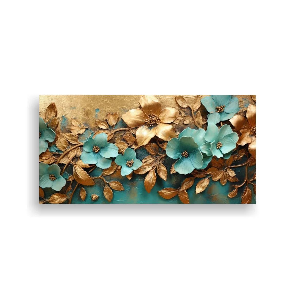 Cuadro flores azules con hojas doradas