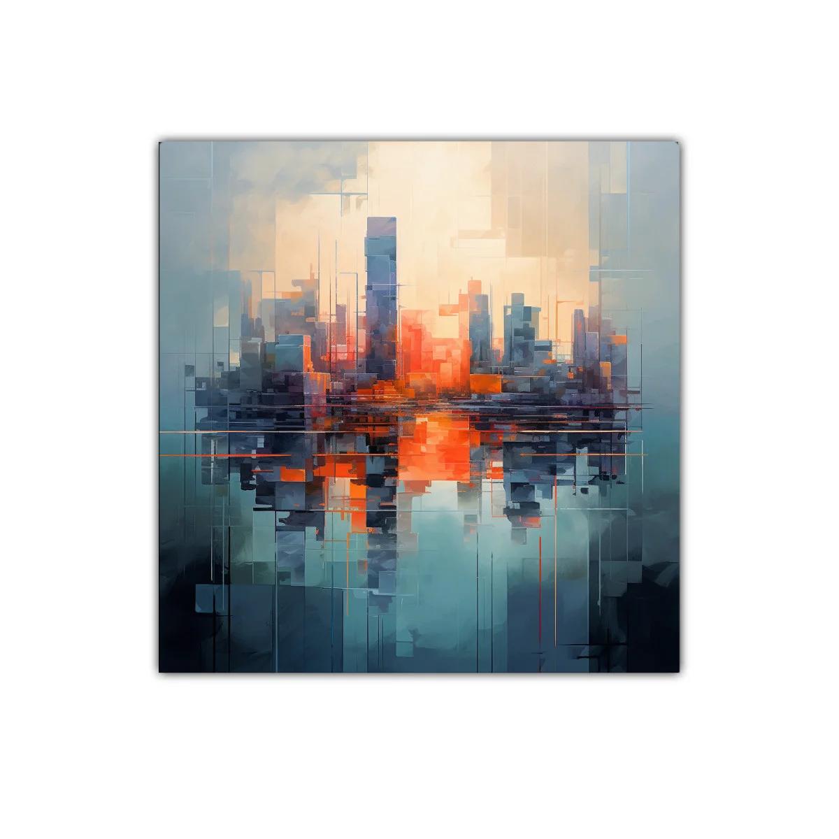 Cuadro decorativo con ciudad abstracta y colores cálidos intensos