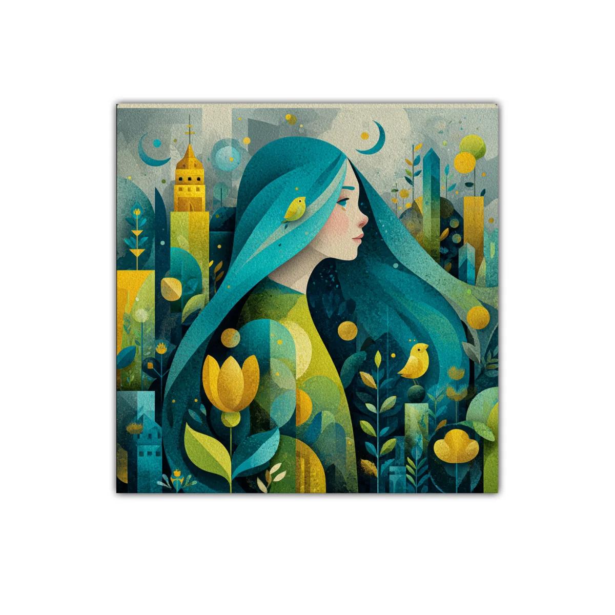 Retrato femenino en paisaje onírico con tonos verdes y amarillos — imagen principal