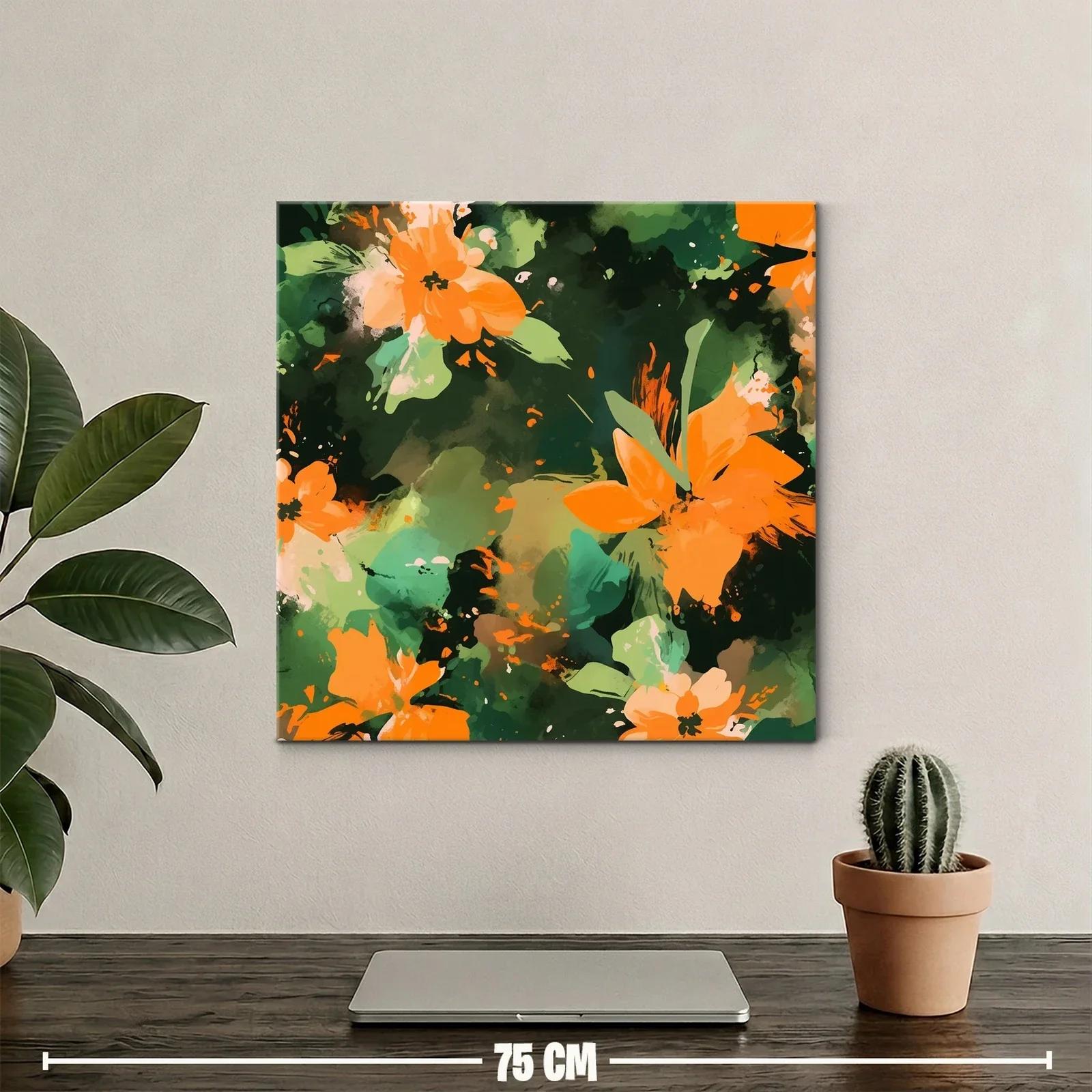 Cuadro abstracto con flores naranja y fondo verde oscuro — miniatura 2