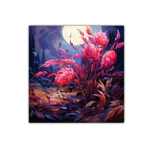 Ramo de flores rosas bajo la luna llena en paisaje nocturno
