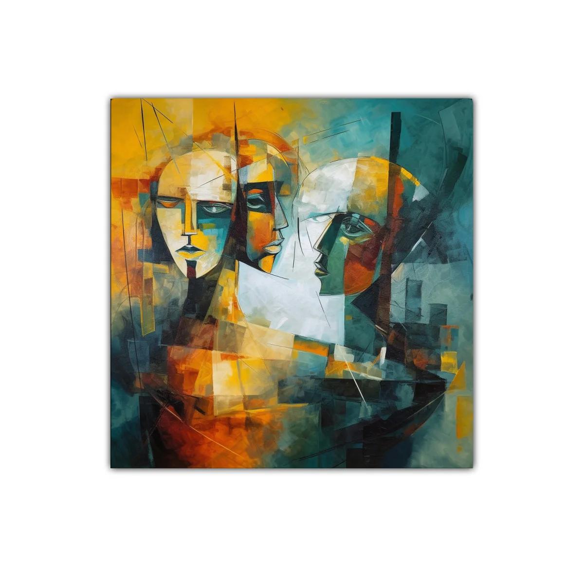 Cuadro abstracto rostros entrelazados en tonos cálidos y fríos — imagen principal
