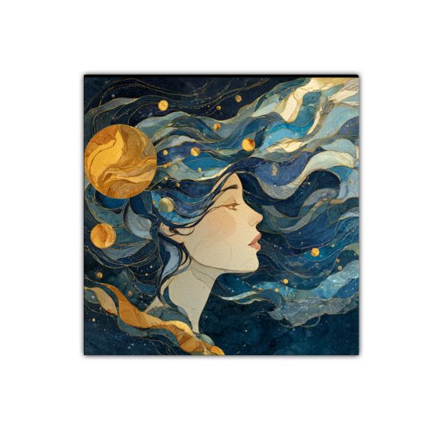 Retrato femenino con elementos cósmicos en azul y dorado