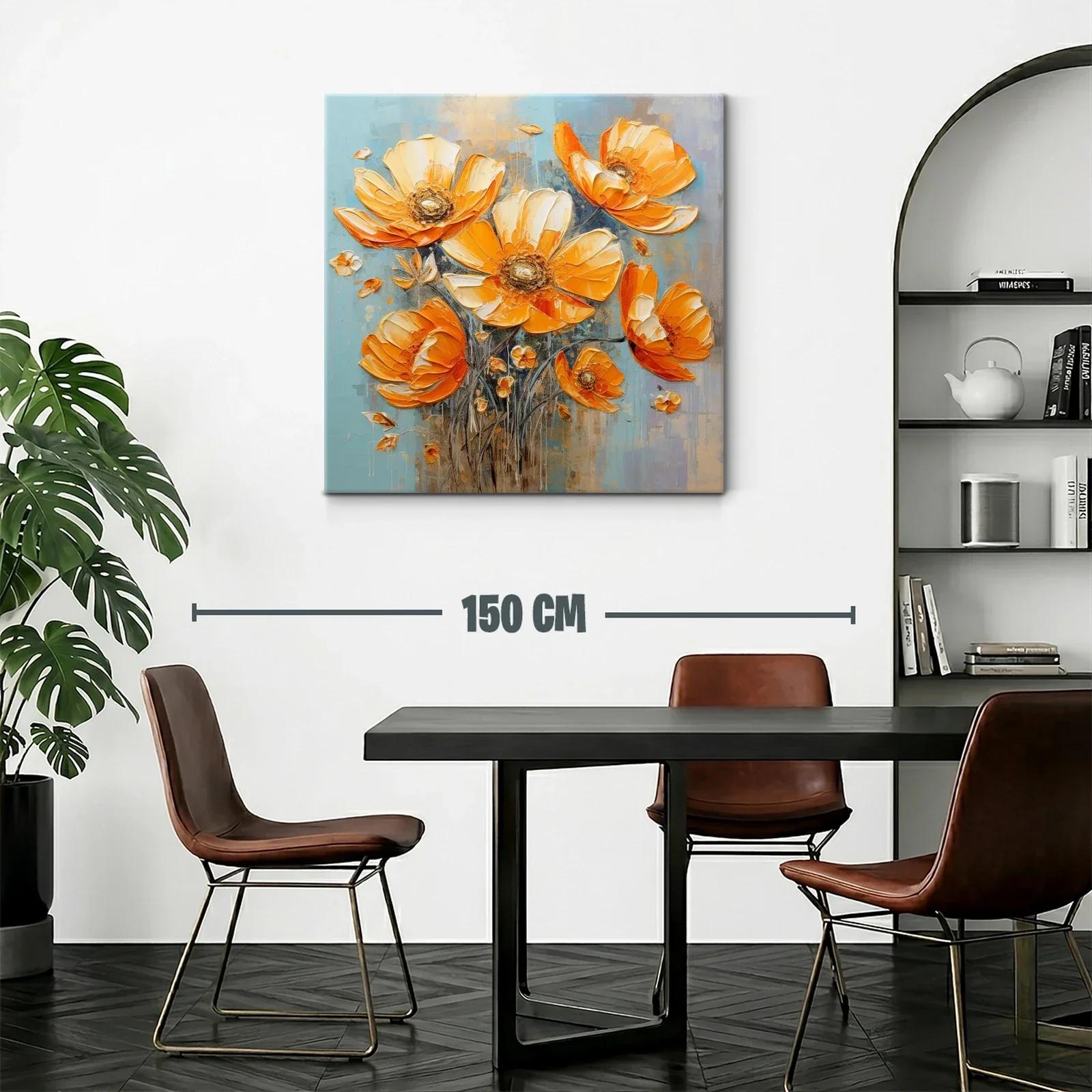Cuadro floral vibrante en tonos cálidos y fondo azul — miniatura 2