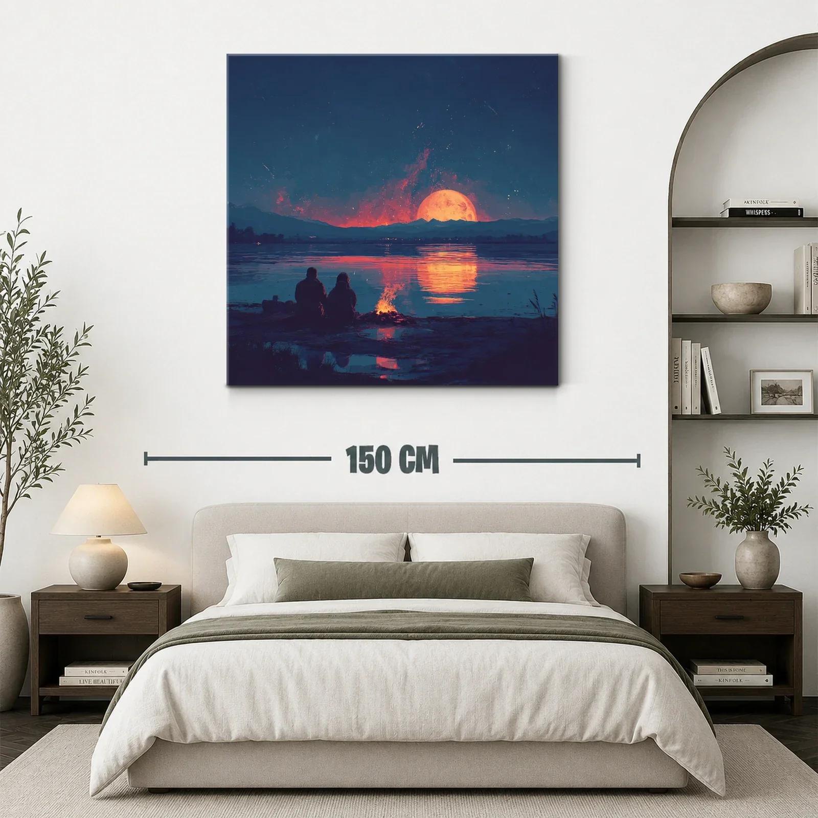 Atardecer romántico con luna llena sobre el lago tranquilo — miniatura 3