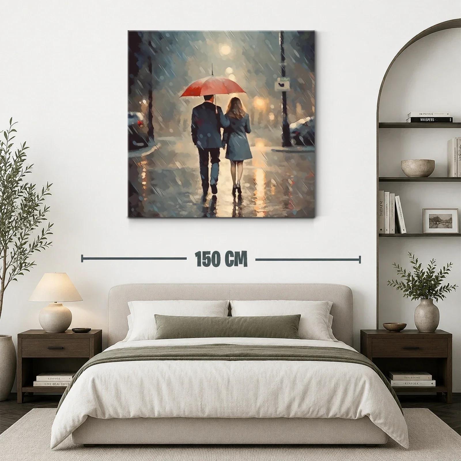 Pareja caminando bajo la lluvia con paraguas rojo — miniatura 3