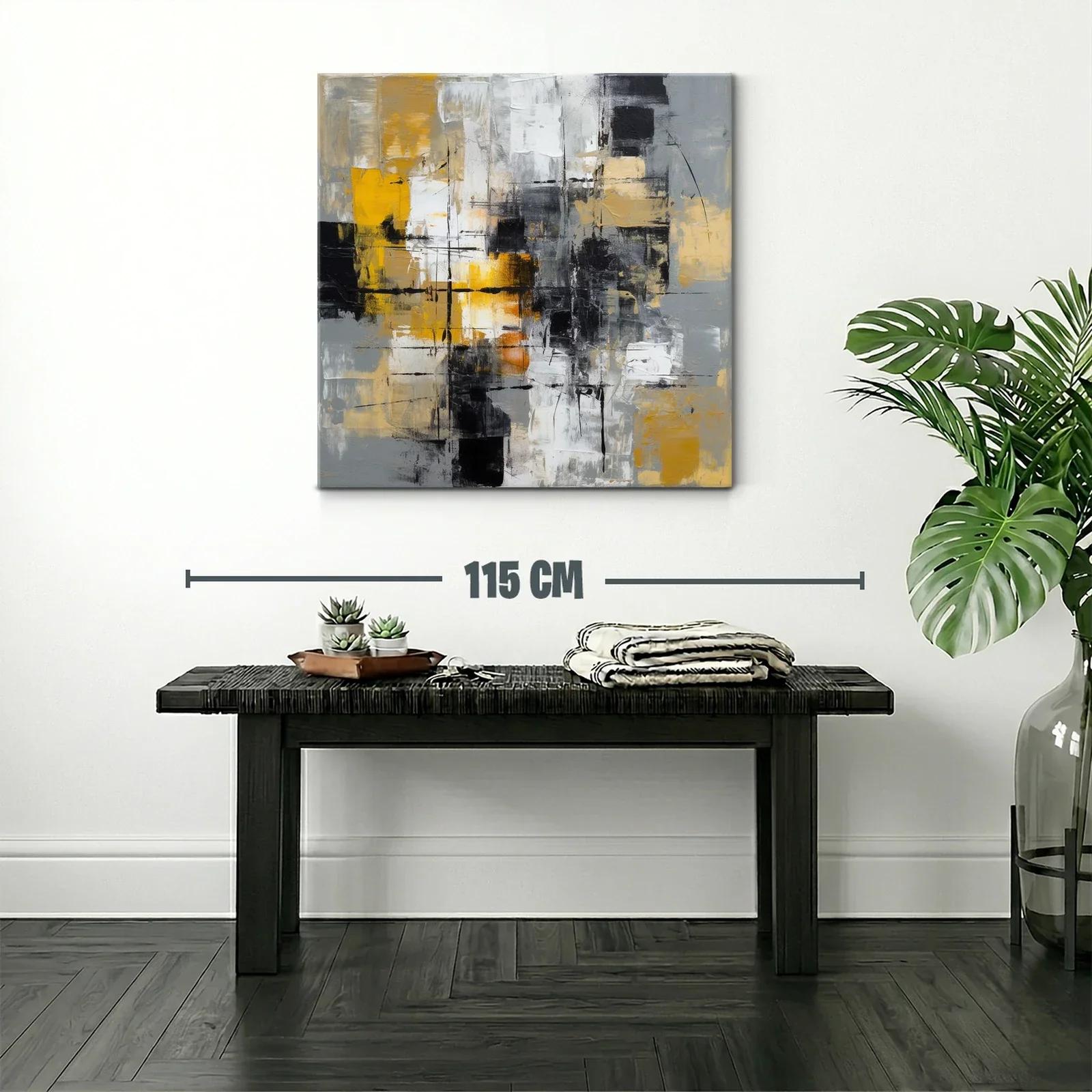 Cuadro abstracto con tonos dorados y acentos en negro y gris — miniatura 2