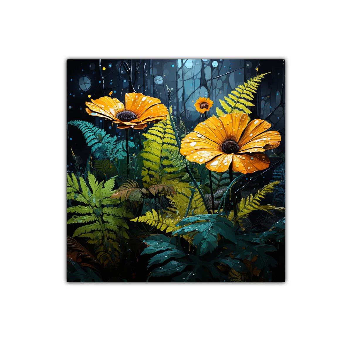 Flores amarillas en bosque oscuro con gotas de rocío