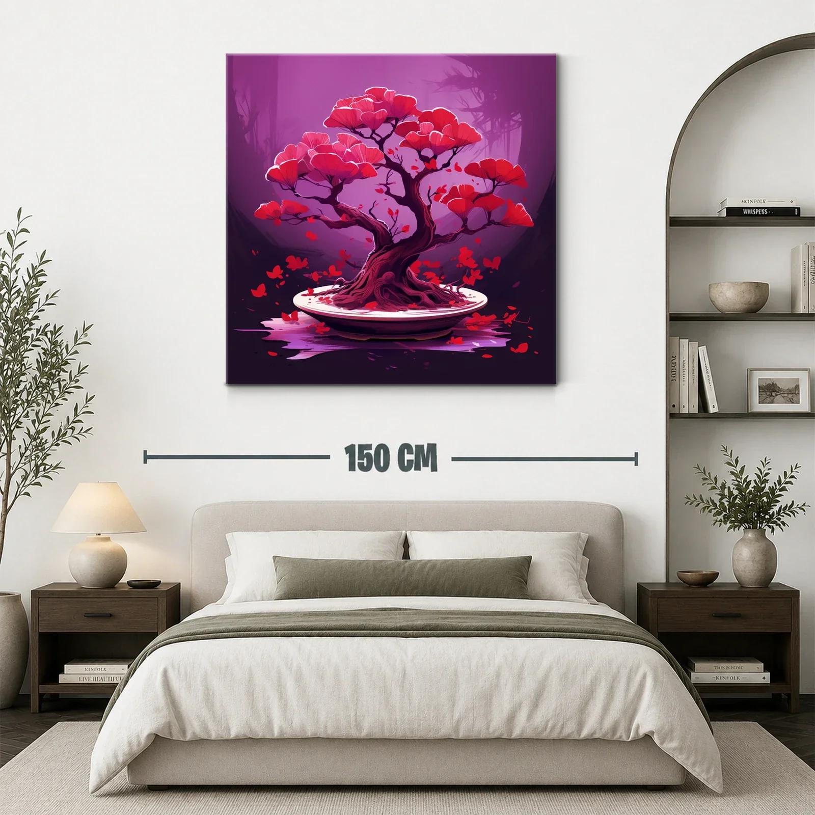 Árbol bonsái con flores rojas sobre fondo lila vibrante — miniatura 3