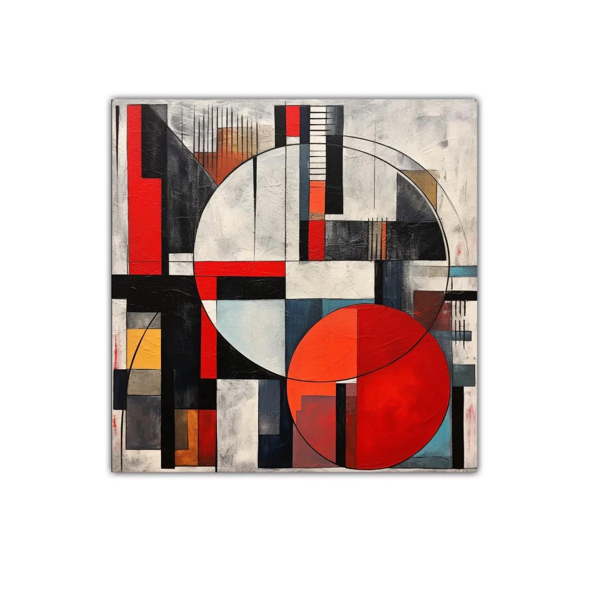 Composición geométrica con círculos y líneas en rojo y negro