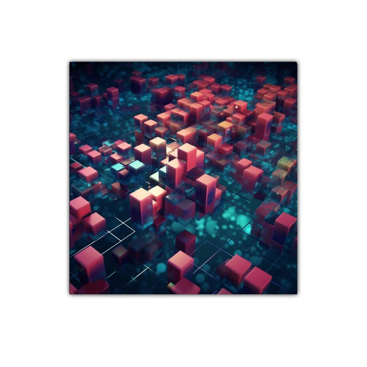 Arte geométrico con cubos brillantes en tonos azules y rojos — imagen principal