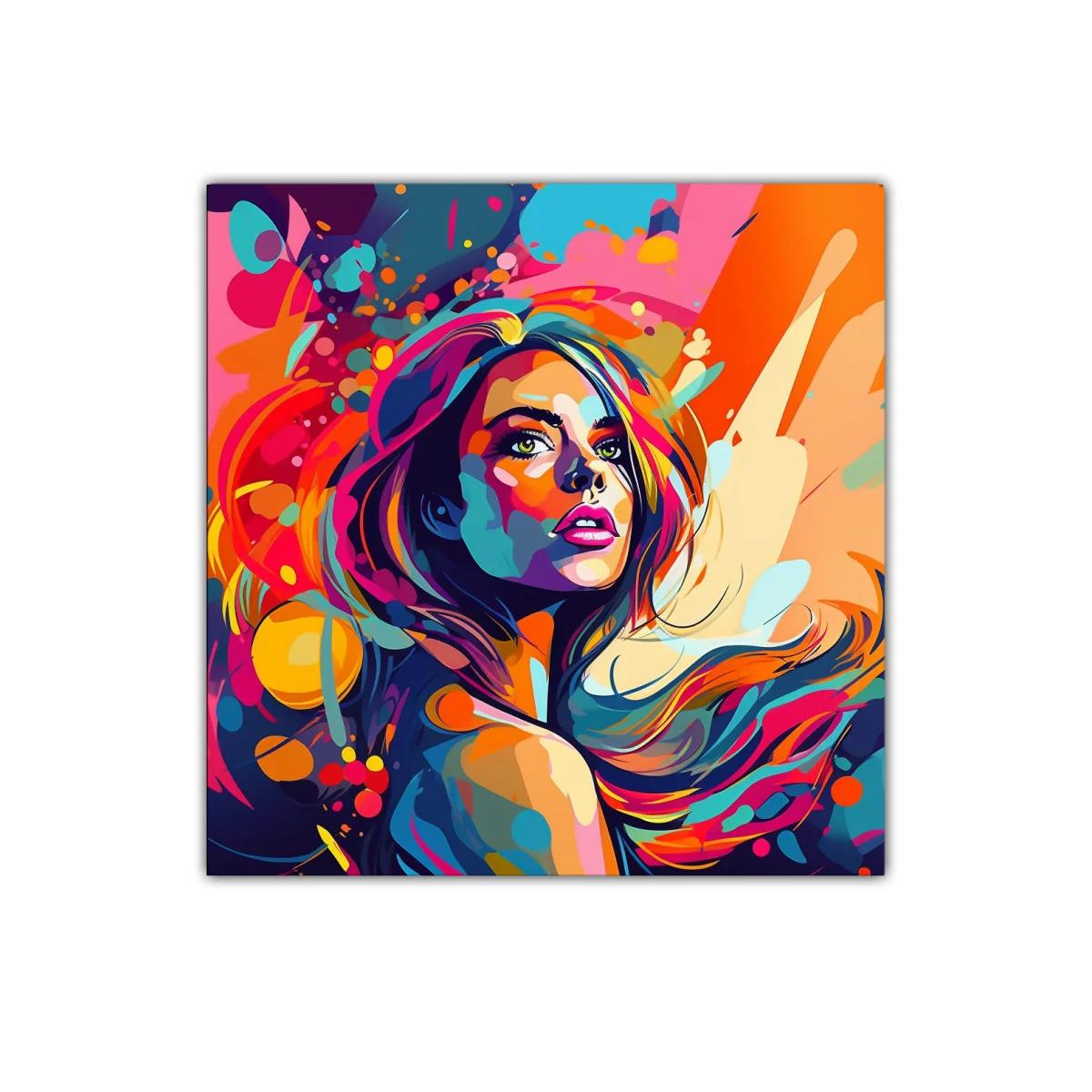 Retrato vibrante de mujer en explosión de colores vivos