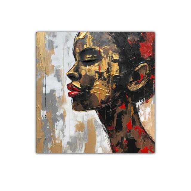 Retrato expresivo con detalles dorados y labios rojos intensos