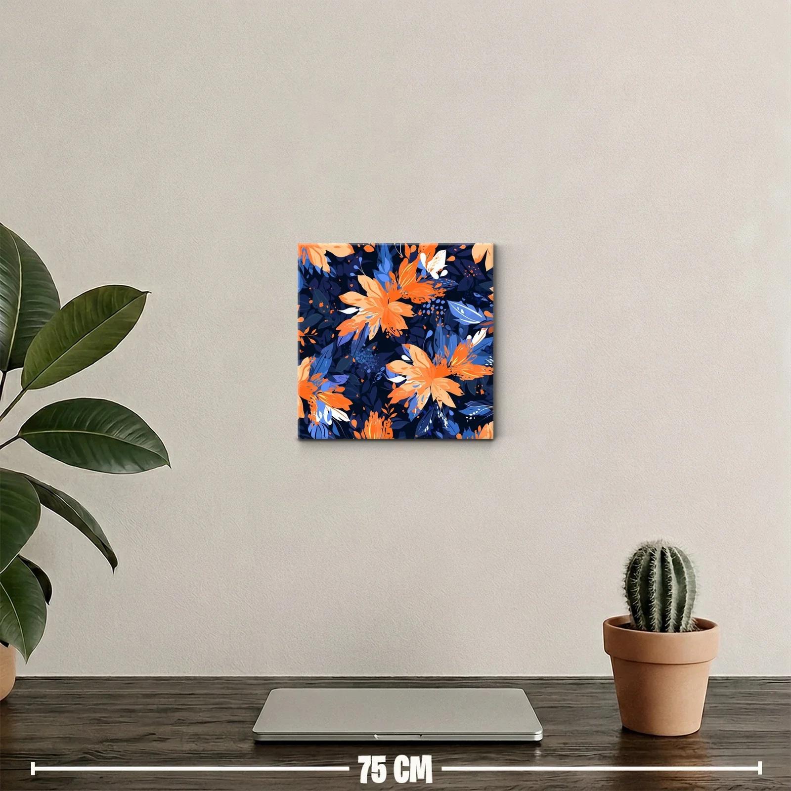 Cuadro decorativo con flores naranja y azul en fondo oscuro — miniatura 2