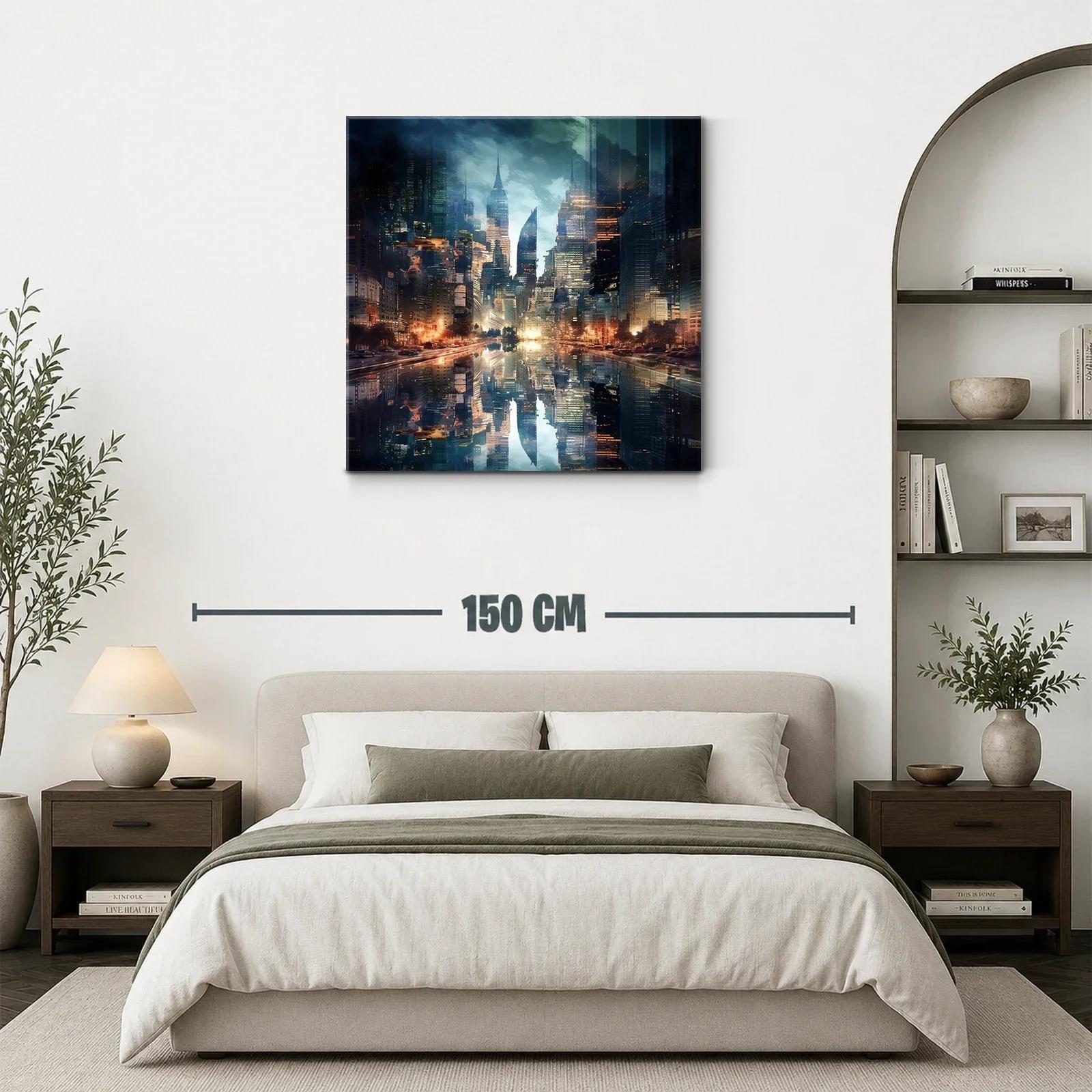 Ciudad futurista reflejada en agua con luces doradas y azules — miniatura 3