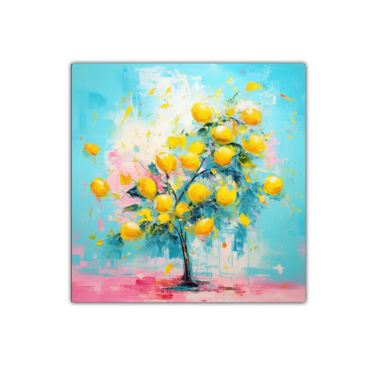 Cuadro decorativo con árbol de limones vibrantes y fondo azul — imagen principal