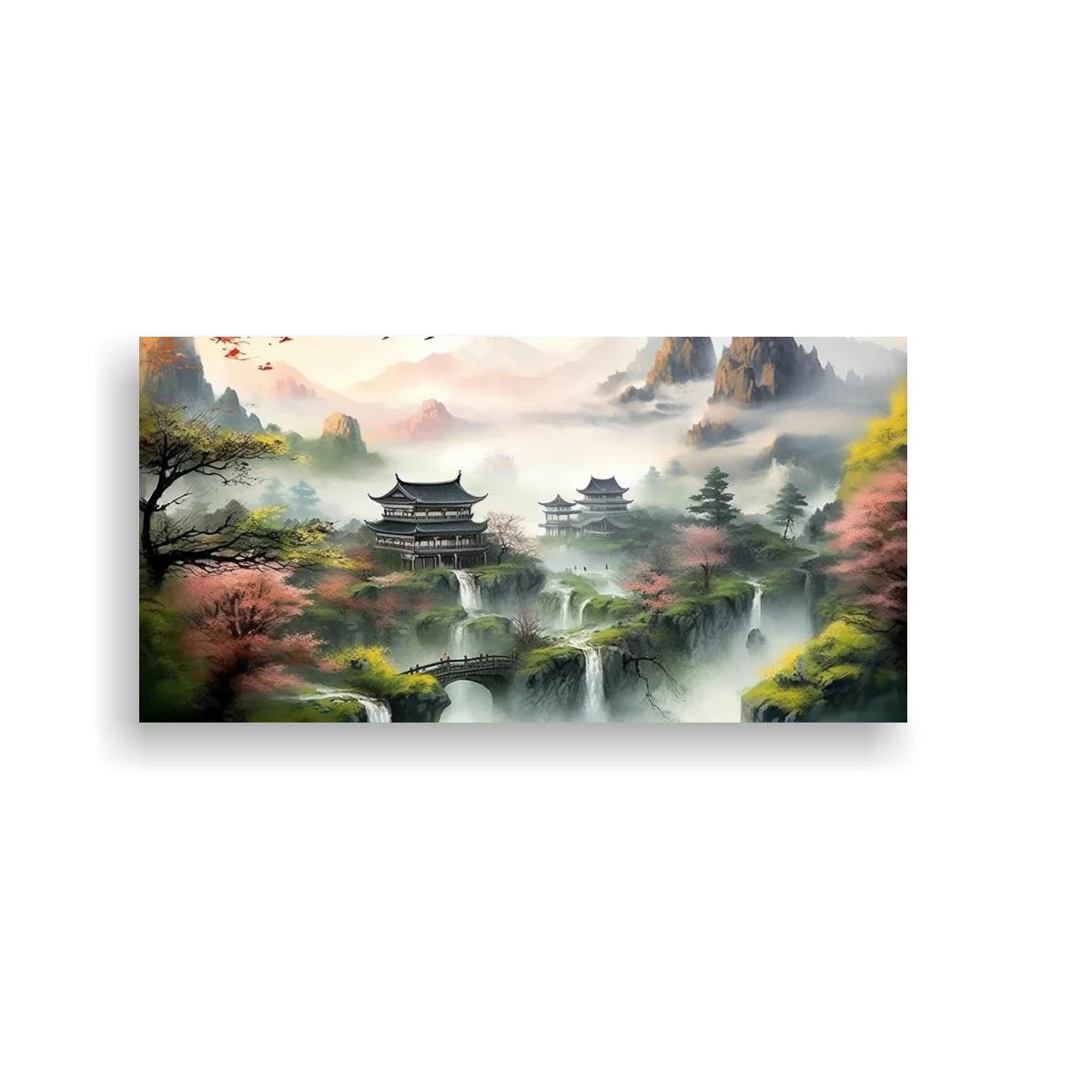 Cuadro paisaje oriental con pagodas y cascadas entre montañas