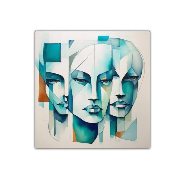 Tríptico abstracto de rostros en tonos azules y turquesa