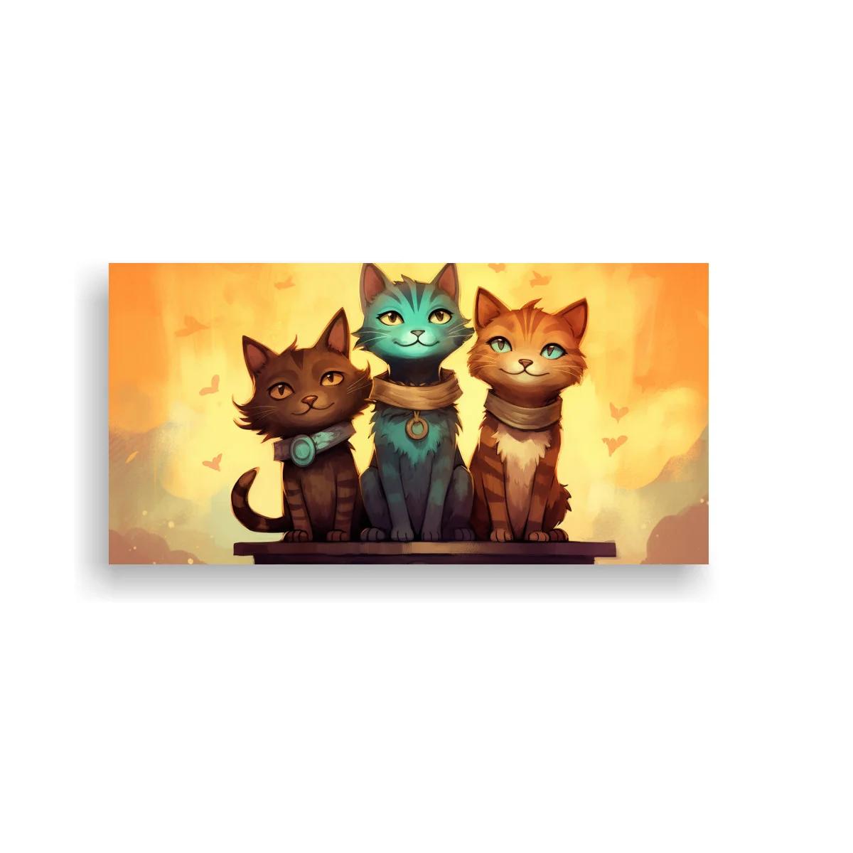 Cuadro tres gatos con mariposas y fondo anaranjado
