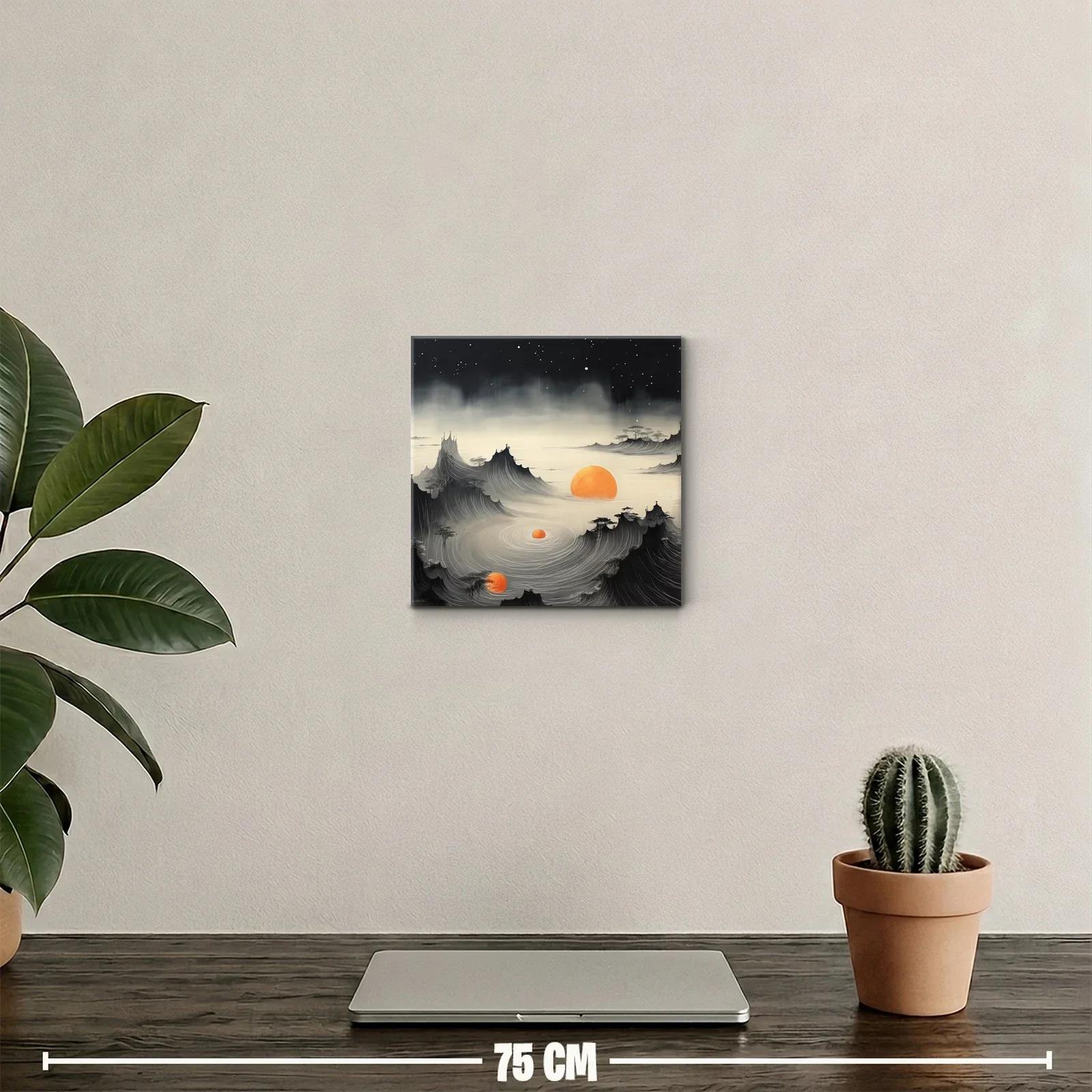 Paisaje onírico con montañas y soles naranjas brillantes — miniatura 2