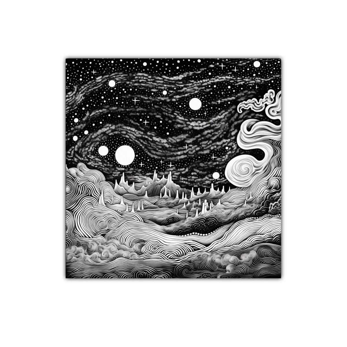 Paisaje cósmico en blanco y negro con formas onduladas — imagen principal