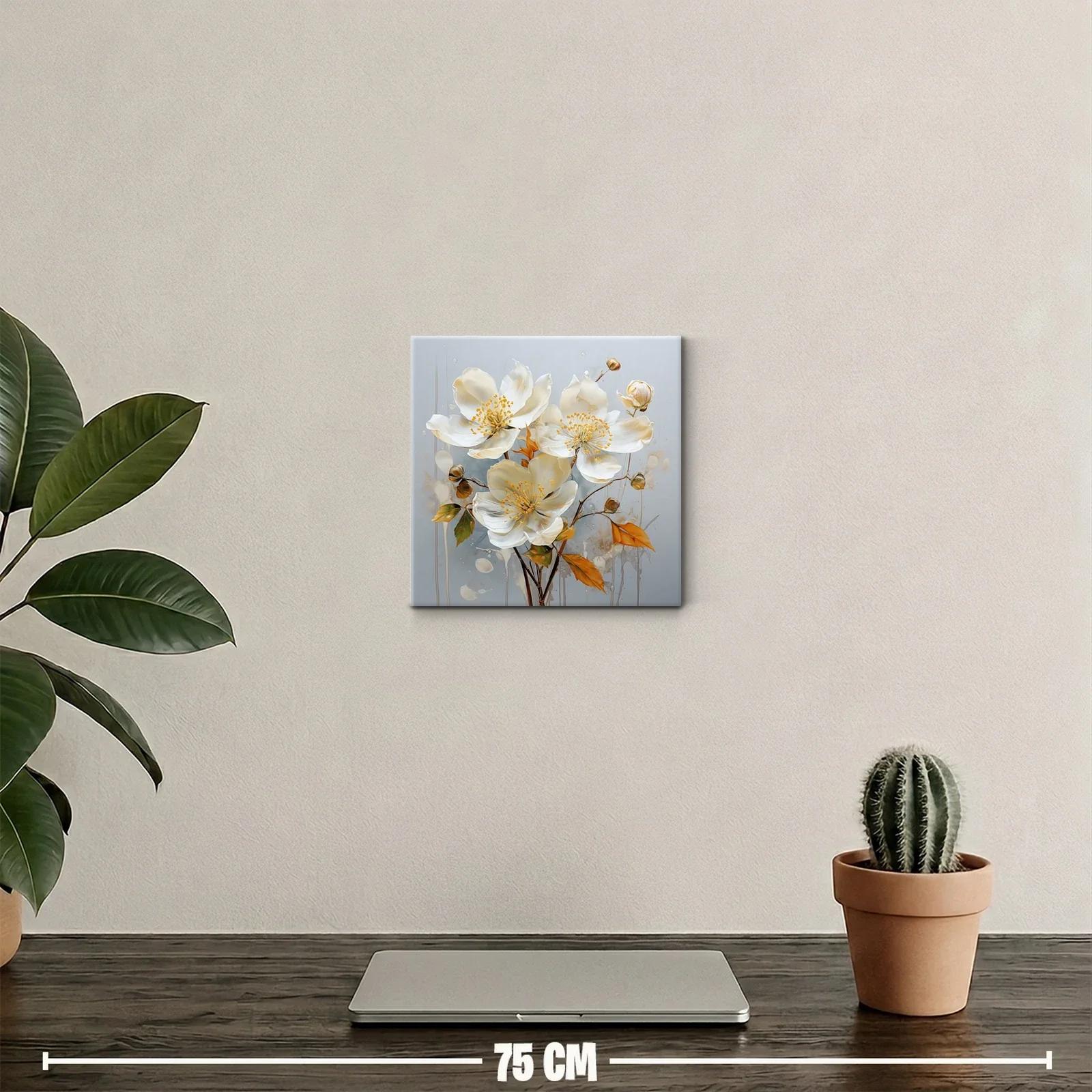 Cuadro decorativo flores blancas con hojas doradas y fondo neutro — miniatura 2