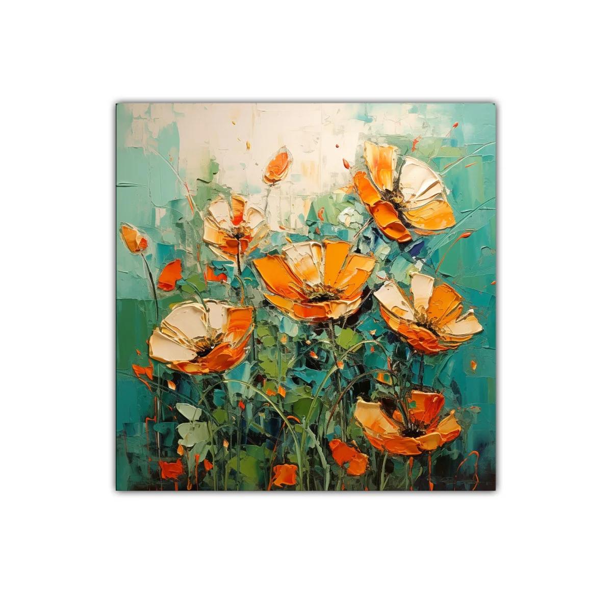 Cuadro floral vibrante con flores naranjas sobre fondo azul verdoso — imagen principal