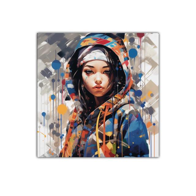 Retrato moderno de mujer con capucha colorida y expresiva