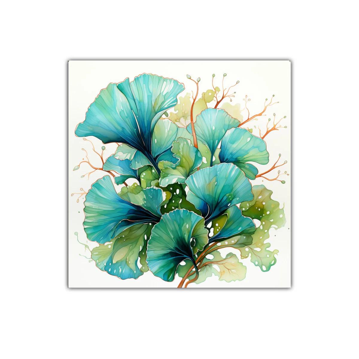 Cuadro decorativo con hojas en tonos verdes y azules