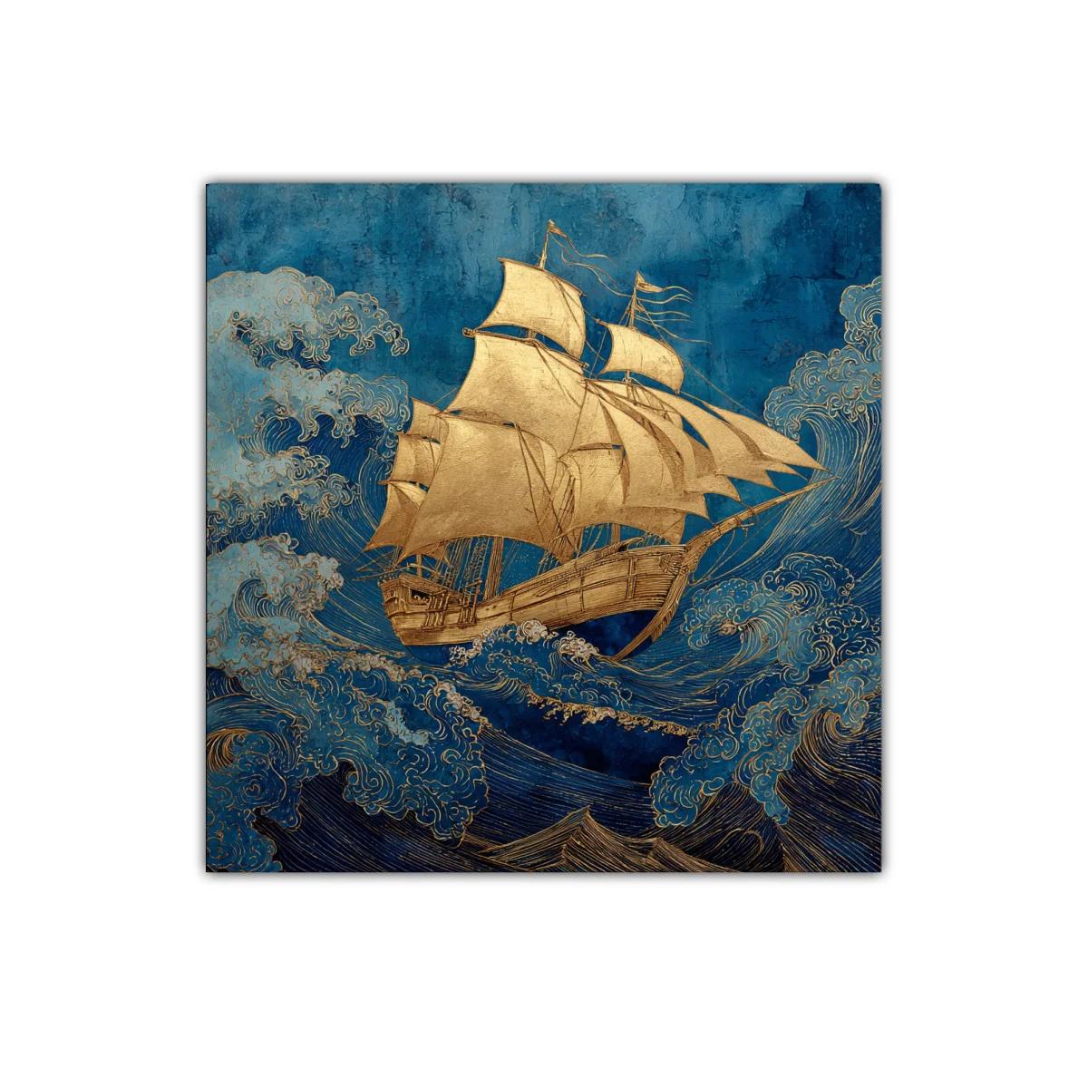 Barco dorado navegando entre olas en tonos azules — imagen principal